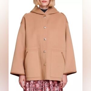 Maje Gangbo faux leather trim hooded wool blend coat in brown/camel